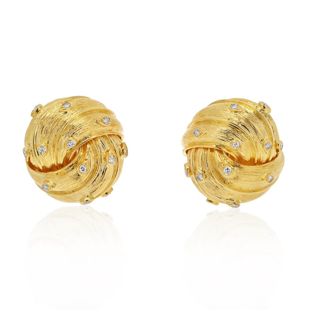 David Webb 18K Yellow Gold Knot Style Button Diamond Clip On Earrings